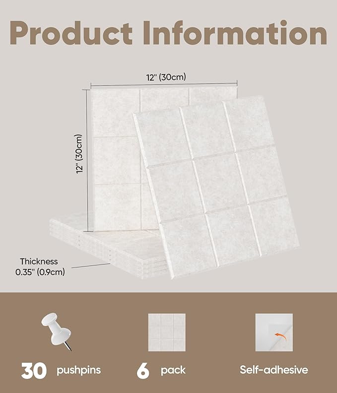 Large Cork Board for Walls 36" x 24", 6 Pack Felt Wall Tiles with Push Pins for Office Home, Pin Board Bulletin Board for Photo Pictures, Oatmeal