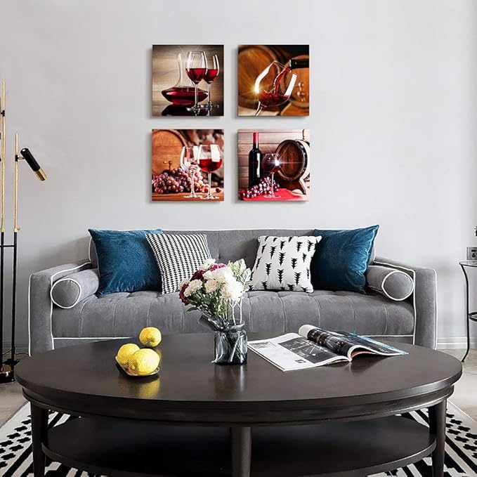 Lapremoly Canvas Wall Art For Kitchen Dining Room Wall Decor Print Artwork Wine Glass Wall Painting Modern Still Life Frame Wall Pictures Bar Restaurant Vintage Home Decor Ready to Hang 4 Piece Set