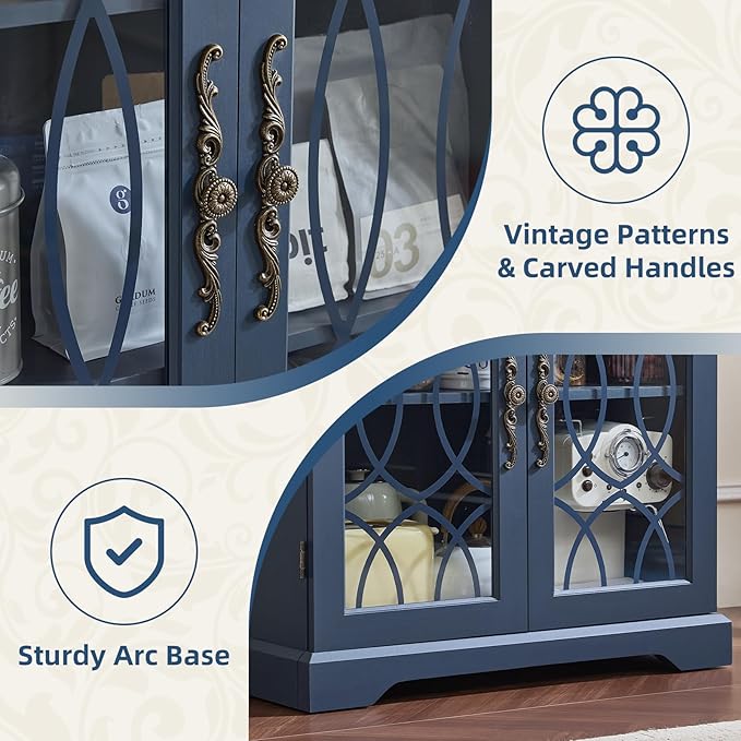 67" Tall Bookshelf Set of 3, Vintage Book Shelf with Glass Doors, 5-Tier Wood Bookcase w/Adjustable Storage Shelves, Freestanding Rustic Curio Display Cabinet for Living Room,Office,Navy Blue