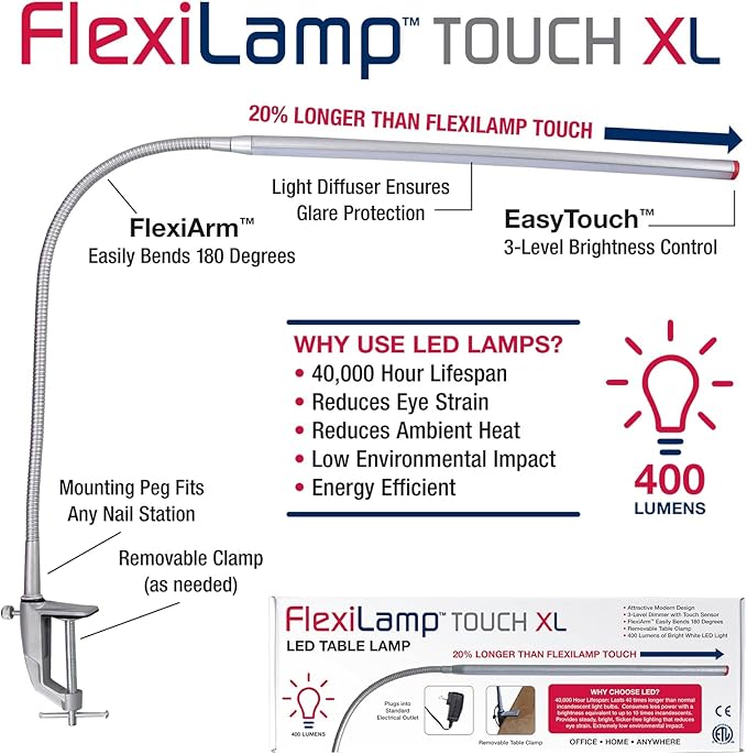 Americanails FlexiLamp Touch XL - LED Table Desk Lamp - Removable Clamp - Adjustable Lighting for Nail Stations - Manicure Table Light - Flexible Arm – 3 Brightness Levels - Touch Sensor - 400 Lumens