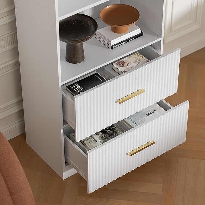 White Bookshelf with Fluted Drawers, 63" Tall Modern Bookshelf with Storage, 3 Tier Bookshelf with Adjustable Shelf, Open Shelves Bookcase, Unique Book Shelf for Home Office, White