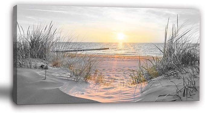 Yxbhhym-Black and White Sunset Beach Wall Art Coastal Room Decor Ocean Picture for Living Room Wall Art Bedroom Seascape Artwork Prints Sea Scene Painting Modern Bathroom Office Decor