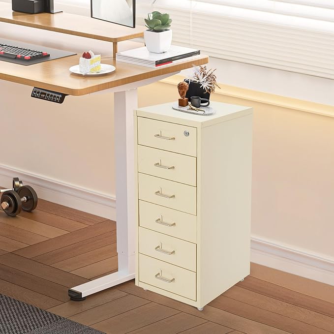 File Cabinets, 6 Drawer File Cabinet with Lock and Wheels, 11 X 16 X 27 inch Metal Office Filing Cabinets for Office, Study (Beige)