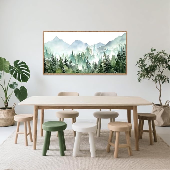 CHDITB Mountain Landscape Framed Canvas Wall Art(40"x20"), Boho Nature Forest Artwork Prints, Large Abstract Modern Green Pine Trees Art Decor for Bedroom Living Room Office