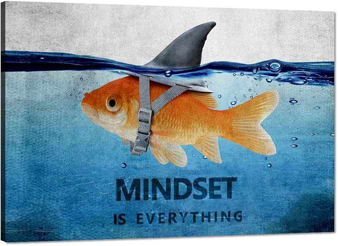 Inspirational Wall Art Goldfish Shark Pictures Blue and Grey Canvas Painting Motivational Quote Mindset Posters HD Prints Artwork Office Decor for Living Room Bedroom Framed (16”Hx12”W)