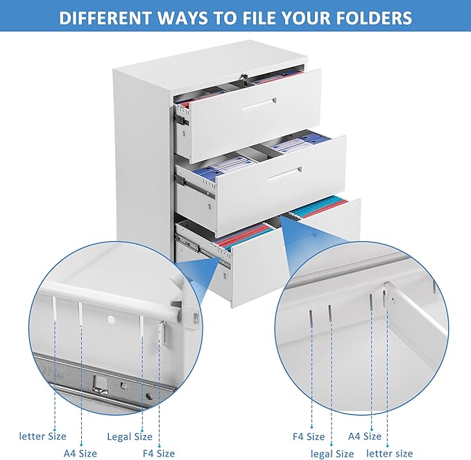 Lateral File Cabinet, 3 Drawers Metal Lockable Filing Cabinet for Commercial Grade Office Legal and Letter File (White)