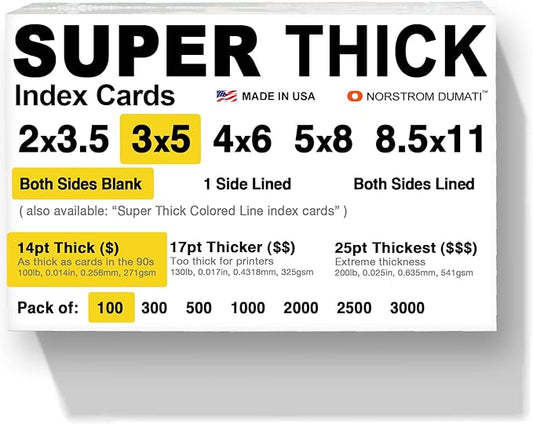 100 SUPER THICK index cards / 3"x5" / 14pt (0.014") 100lb / blank un-ruled/archival acid-free