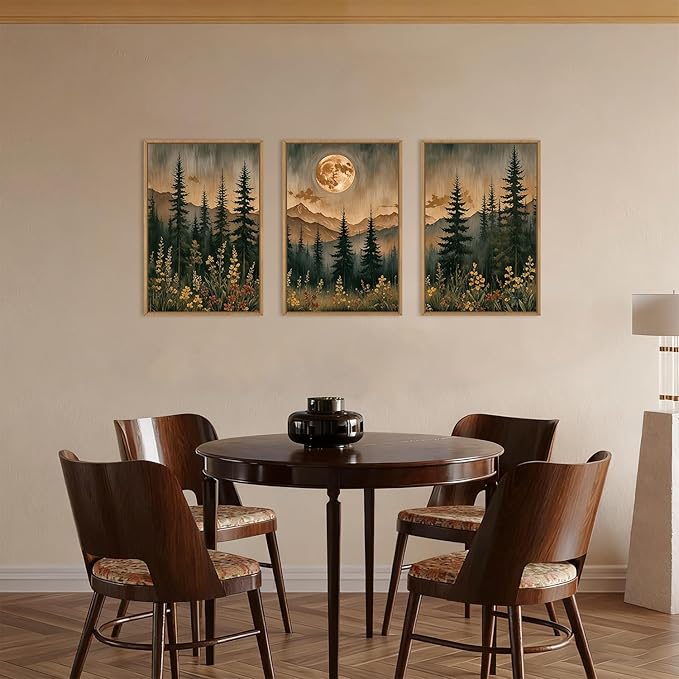 HOURIA Vintage Boho Nature Moonlight Forest Mountain Framed Canvas Wall Art Set,Wilderness Dark Moon Woodland Floral Decor,Retro Wildflower Field Landscape Artwork for Living Room,Farmhouse-24 x36 x3
