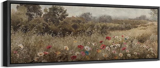 SIGNFORD Large Framed Canvas Wildflower Meadow in Soft Fog Vintage Nature Illustrations Modern Art Calm Warm for Living Room, Bedroom, Office - 60"x20"