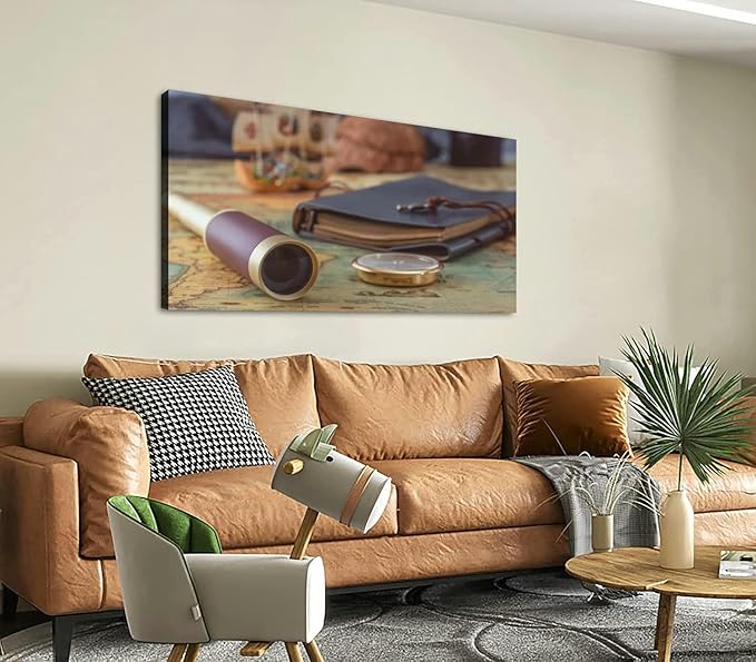 Canvas Wall Art for Living Room Bedroom Spyglass a compass and a leather bound book lie an old map against the Big Large Wall Art Decor Framed Painting Wall Pictures Prints Artwork Office