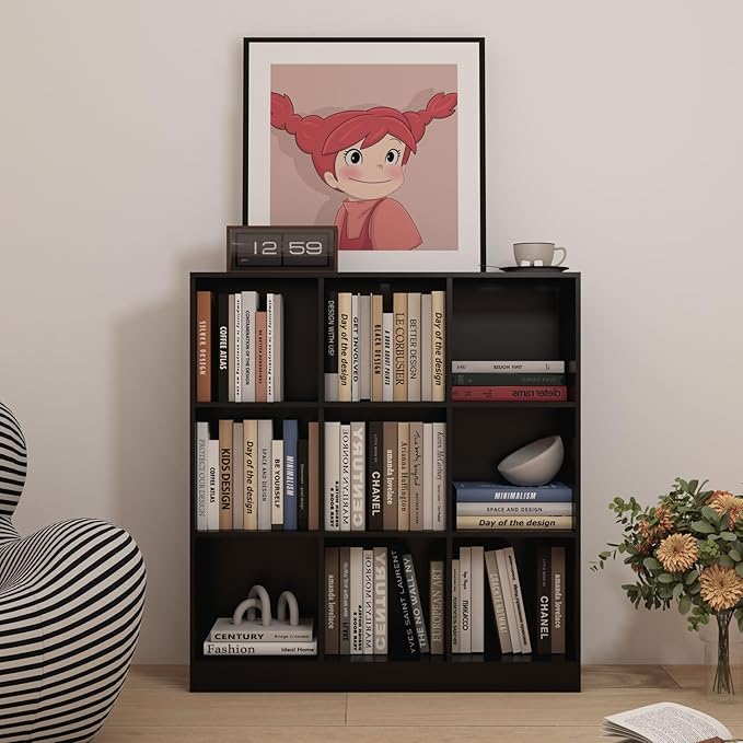 Black Bookshelf, Wooden Bookshelf with Base, Cube Storage Organizer, Bookcase for Living Room,Bedroom,Study and Office(Black, 9-Cube)