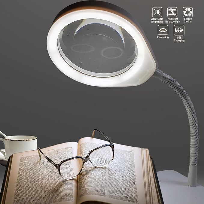 10X Magnifying Glass with Light and Stand,Dimmable Flexible Magnifying Craft Ligh, LED Lighted Magnifier Hands Free for Close Work Craft Reading Painting Hobby(White-04)