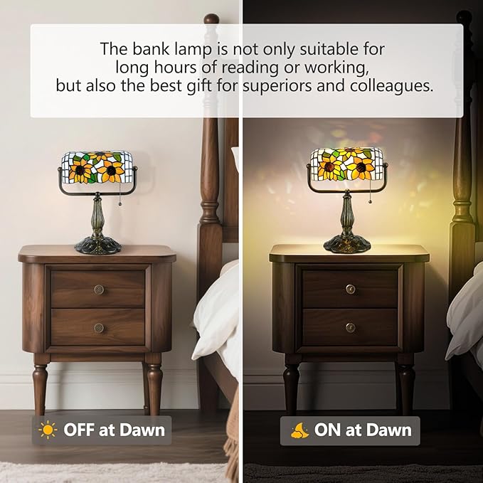 Tiffany Bankers Desk Lamp with Adjustable Shade, Sunflower Stained Glass Piano Light with LED Bulb, Handmade Vintage Tiffany Style Lamp for Office, Bedroom, or Home Décor.