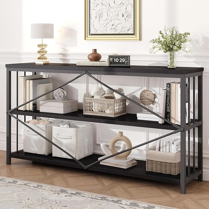HSH Black Long Bookshelf, Large Wood Wide Horizontal Bookcase Under Window, Modern Long Open Book Shelf for Bedroom Living Room, Industrial Wooden Metal Bookshelves for Home Office, Black Oak, 63 Inch