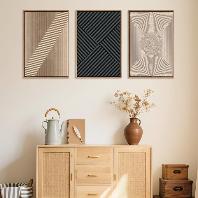 Ausril 3 Pcs Neutral Abstract Framed Wall Art, Mid Century Modern Canvas Wall Decor, Boho Geometric Line Wall Painting, Beige Minimalist Textured Art Print for Living Room Bedroom Office - 24x36inch