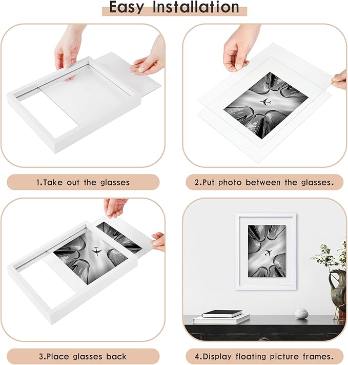 MUYE 11x14 Floating Frame Set of 2,Double Real Glass Photo Frame,Display Any Size Photo up to 11x14,Wall Mount or Tabletop Standing,White