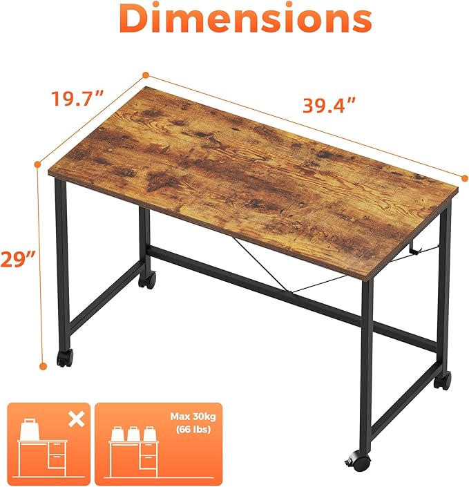 Mericonia 40 inch Rolling Computer Desk with Wheels, Gaming Desk for Small Spaces, Modern Simple Style Table for Home Office, Study Writing Table
