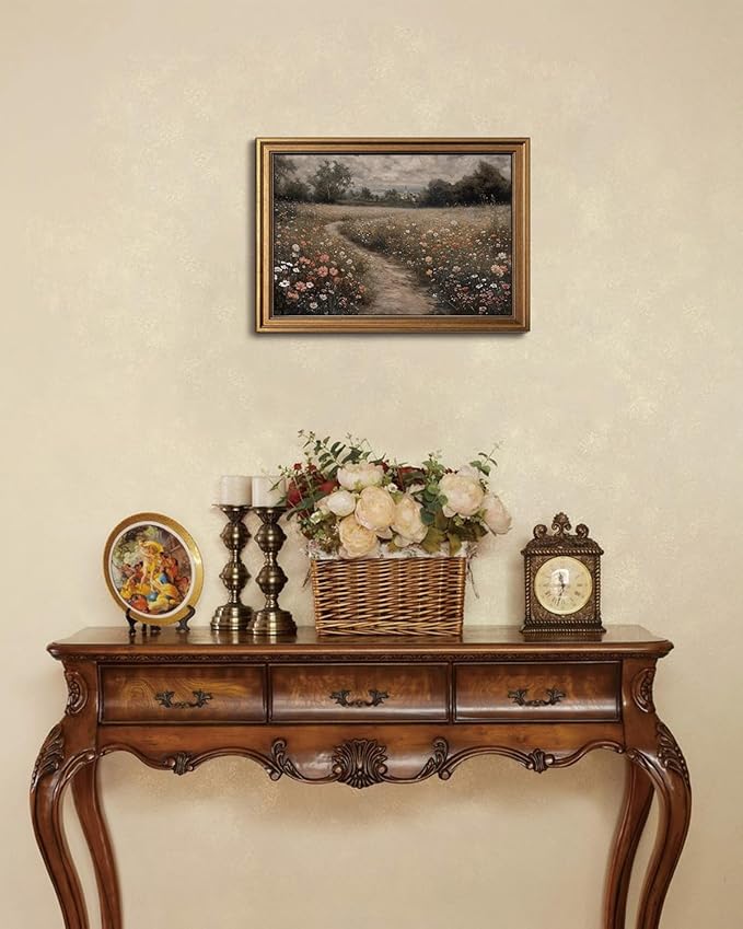 Gold Framed Wall Art Vintage Canvas Wall Art Flowers Path Wildflower Floral Artwork Prints Picture for Living Room Bedroom Farmhouse Bathroom Office Decor, 16x24