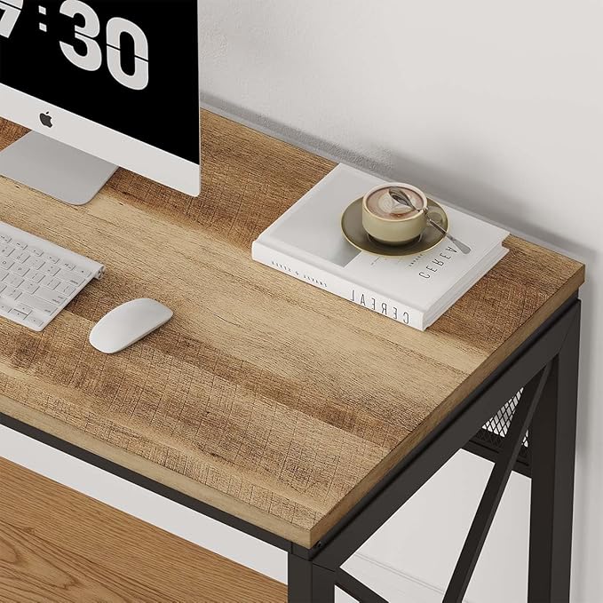BON AUGURE Farmhouse Computer Desk, Modern Industrial Home Office Desks, Wood Metal Study Writing Table, Sturdy Gaming Desk (Vintage Oak, 54 Inch)