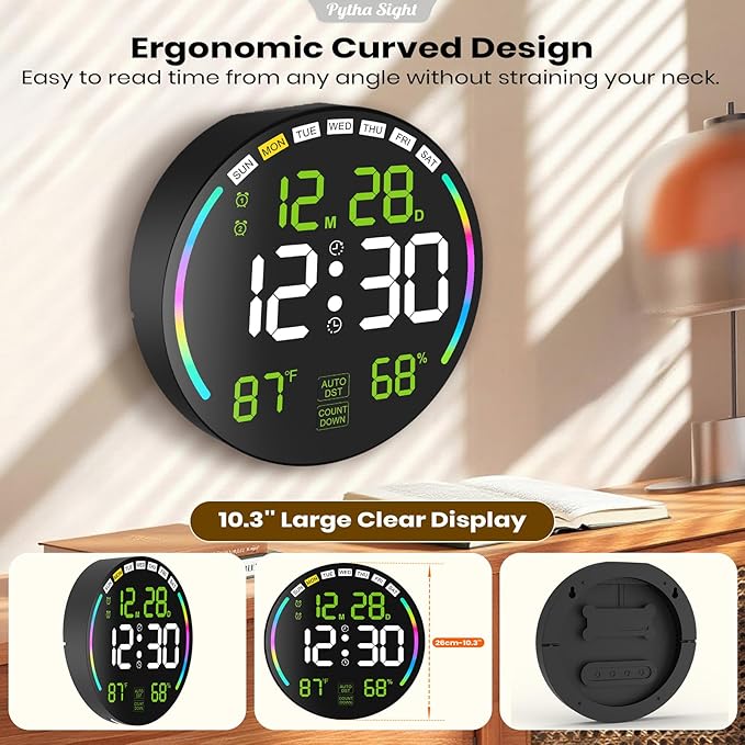 Large Digital Wall Clock with 10.3" LED Display,Alarm,Countdown Timer,DST,Temperature,Humidity,Auto-Dimming,Remote Control,Night Light for Classroom,Bedroom,Living Room,Office,Gym