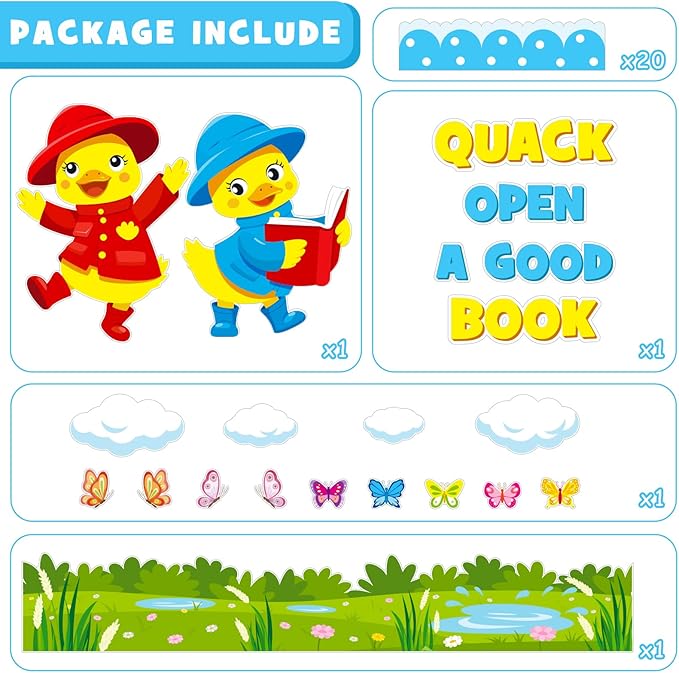Spring Reading Bulletin Board Decoration Set, Yellow Duck Quack Classroom Decorations Duck Book Butterfly Cutouts March April Library School Nursery Home Window Wall Chalkboard Door Decor for Teacher