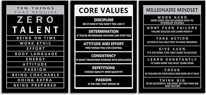 WYJZDZQ8 Motivational 3 Pieces Core Values Poster Inspirational Canvas Wall Art Prints Artwork for Living Room Office Modern Home Decor Inspiring Painting Pictures Framed Ready to Hang[60''Wx 28''H]