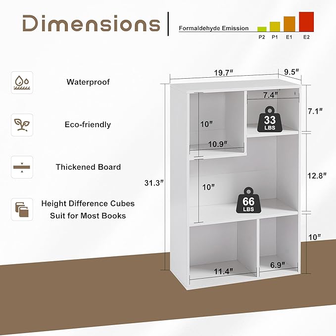 VECELO 5 Cube Modern Bookcases, 3 Tier Bookshelves, 31 Inch High Cubby Storage Organizer, Shelf Hight Up to 12.8 Inches Suit for Most Books, Vertical or Horizontal Use Available,Pearl White