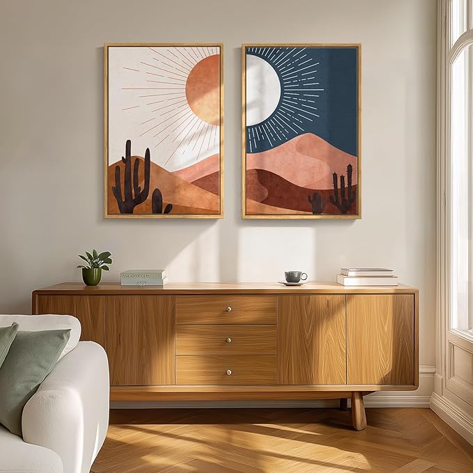 Large Framed Boho Desert Wall Art for Living Room, Set of 2 Sun and Moon Cactus Landscape Canvas Artwork for Walls, Mid Century Modern Bohemian Painting Print Bedroom Home Office Wall Decor, 24x36 In