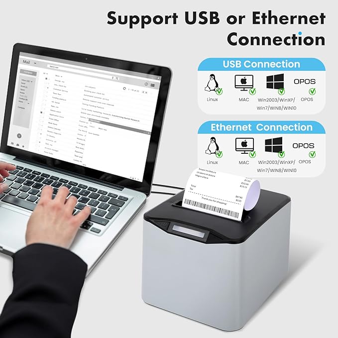 NUCOUN Thermal Receipt Printer, 80mm USB POS Printer,Auto Cutter, Support Cash Drawer, Support Windows/Mac/Linux, Do Not Square, Printer for Home Office Restaurant