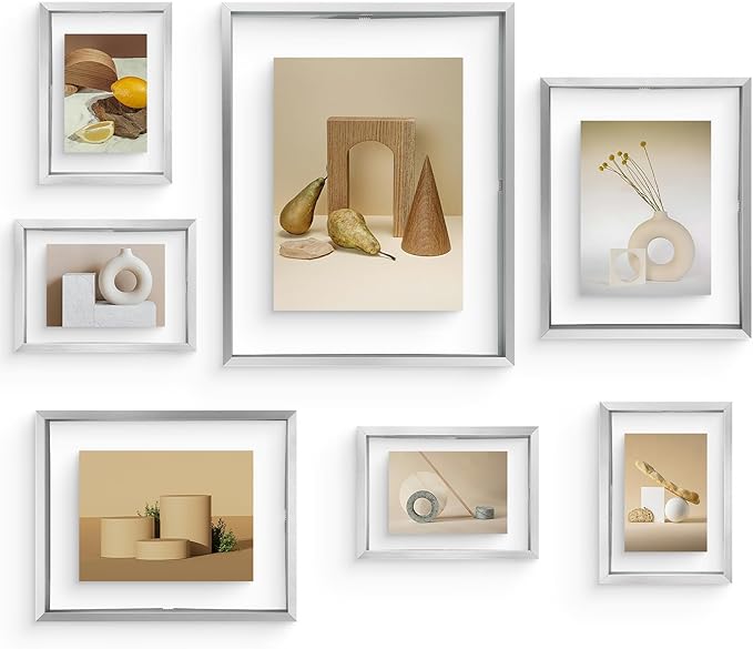 Frametory, Floating Picture Frames Set - Silver Metal Photo Frames - Real Glass - Displays One 11X14, Two 8X10, And Four 5X7 Inch Photos for Home Decoration