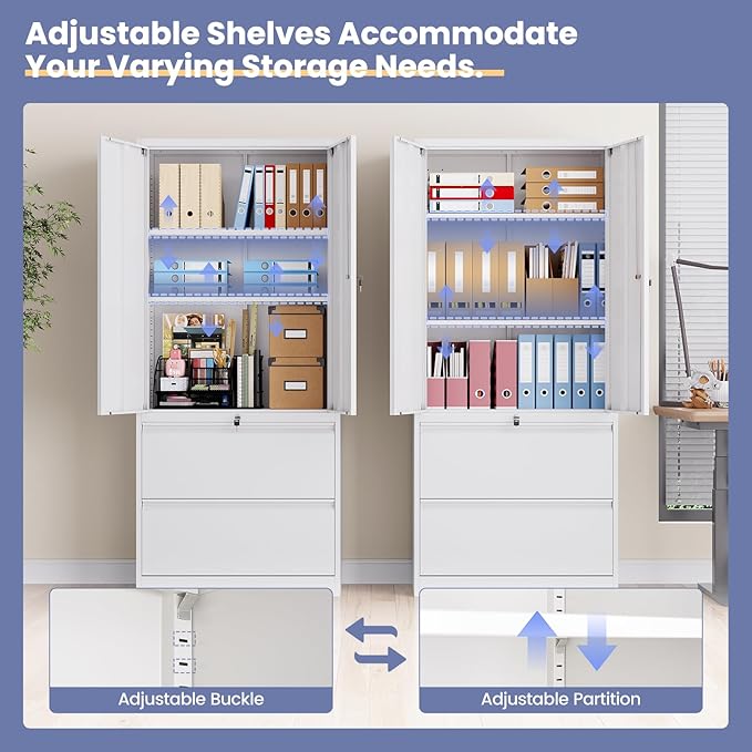 2 Drawer Lateral File Cabinet, Office Storage Cabinet with 2 Wide&Deep Drawers and Locking Doors, White Metal Cabinet with Adjustable Shelves for Home Office, Fits A4/Letter/Legal Size Folders