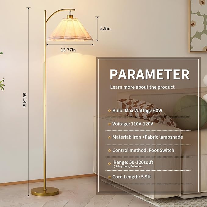 Floor Lamp with Pleated Linen Lampshade, Modern Flower Floor Lamp for Living Room Arc Standing Lamp, Tall Lamp for Bedroom Office Dining Room, Bulb Included