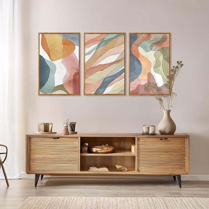 CHDITB Colorful Abstract Vibrant Pastel Framed Canvas Wall Art (24"x36"), 3 Panels Muticolor Modern Shape Block Groovy Artwork, Large Watercolor Minimalist Green Blue Yellow Aesthetic Art Decor Paintings for Bedroom Living Room Office