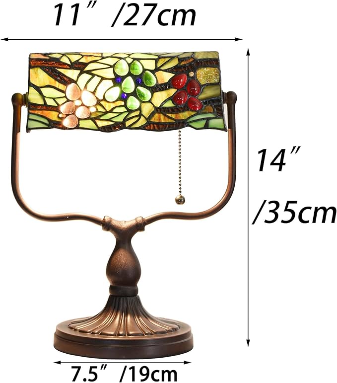 Bieye L10764 Grape Tiffany Style Stained Glass Banker Desk Lamp for Reading Working, 14-inches Tall
