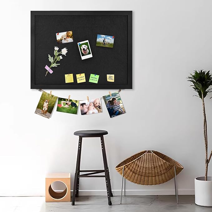 Black Bulletin Boards Cork Board with Felt, 17"x13" Small Display Pin Board Vision Board for Walls, Jewelry, Notes, Collection, Photos, Office, Wood Framed(Black) & Felt(Black), 1pc