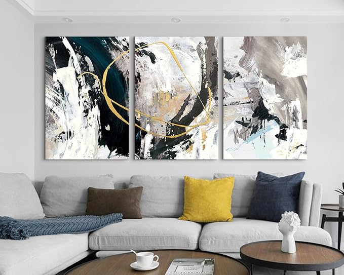 GIFTTWART Oversized Abstract Wall Art – Black White and Gold Canvas Painting with Textured Look for Living Room or Office Decoration
