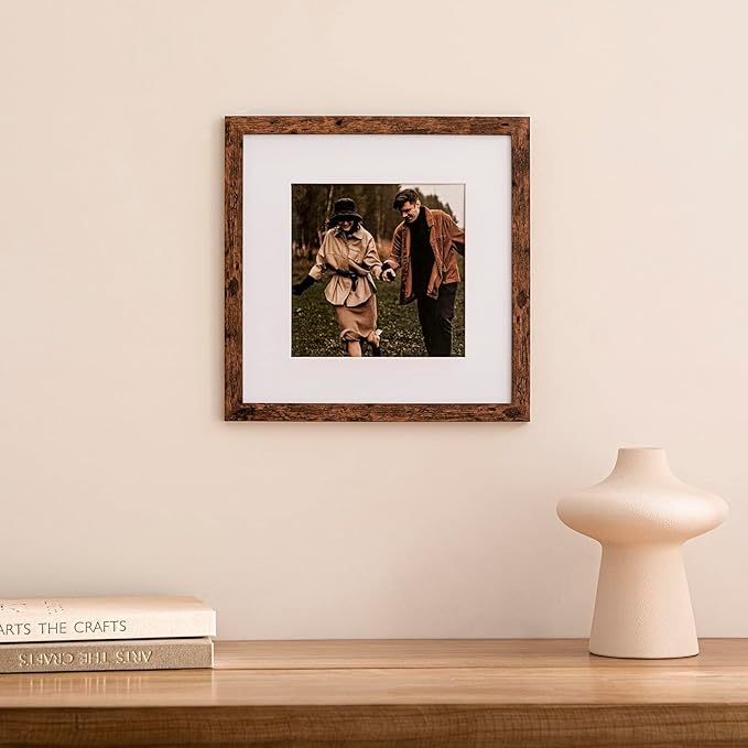 eletecpro 12x12 Picture Frames Set of 9 with Mat for 8x8 Photos or without Mat for 12x12, Square Gallery Wall Decor Collage for Picture Display, Rustic Brown Frame Set for Wall Hanging