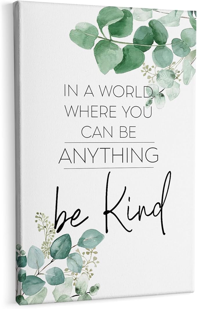 HIWX Be Kind Inspirational Framed Canvas Wall Art Decor, Eucalyptus Botanical Motivational Positive Wall Art Decoration for Bathroom Office Bedroom Home Prints 16x24