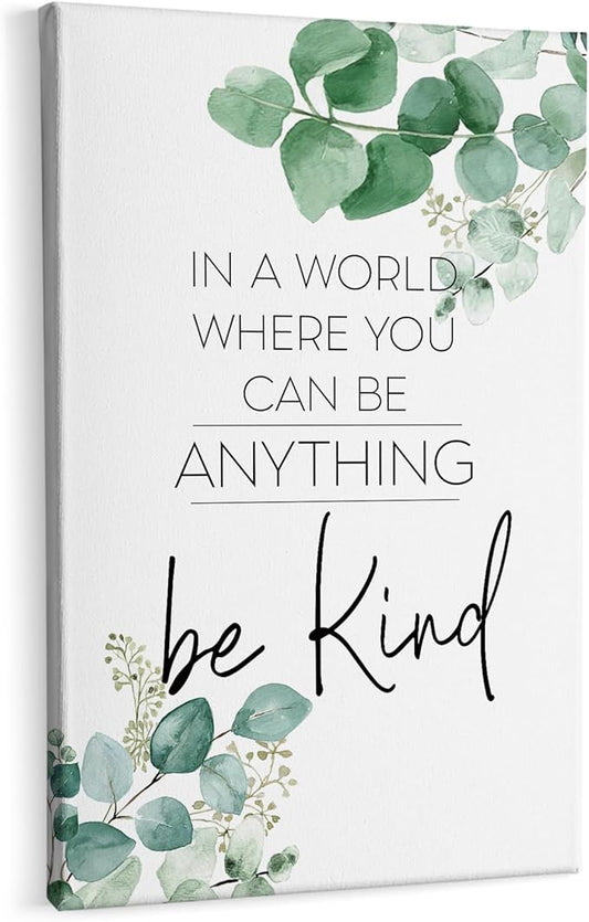 HIWX Be Kind Inspirational Framed Canvas Wall Art Decor, Eucalyptus Botanical Motivational Positive Wall Art Decoration for Bathroom Office Bedroom Home Prints 16x24