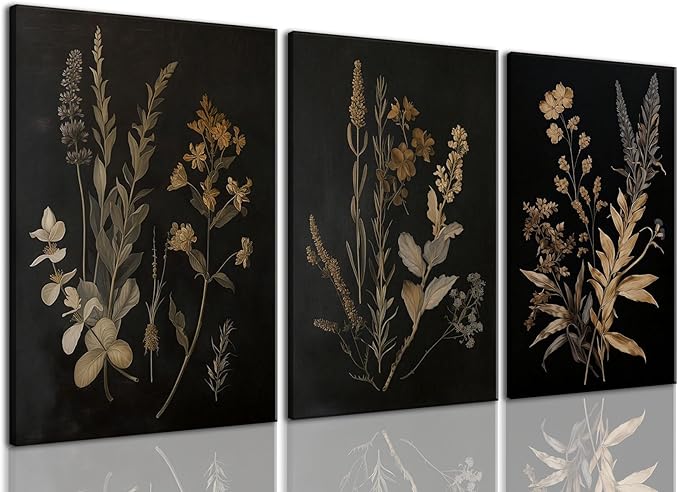 TUEASKY 3 Piece Floral Canvas Wall Art Dark Moody Wall Decor Botanical Pictures Wildflower Paintings 3 pieces Flower Prints for Bedroom Living Room