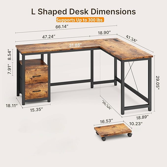 Gizoon 66 Inch L Shaped Desk with Drawers, Reversible Corner Computer Desk with Power Outlets, Home Office Desk with Moveable CPU Stand, Large Gaming Desk, Rustic Brown