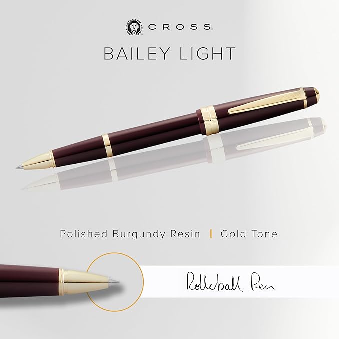 Cross Bailey Light Polished Burgundy Resin and Gold Tone Rollerball Pen - Professional Pen for Effortless Writing - Journaling, Note-Taking & More - Black Ink - Easy Handling