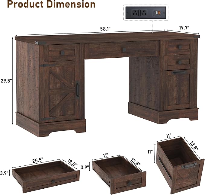 58'' Farmhouse Home Office Desk with Drawers, Wooden Executive Desk with Charging Station, File Drawers and Storage Cabinet, Computer Desk for Work, Study and Writing, Brown