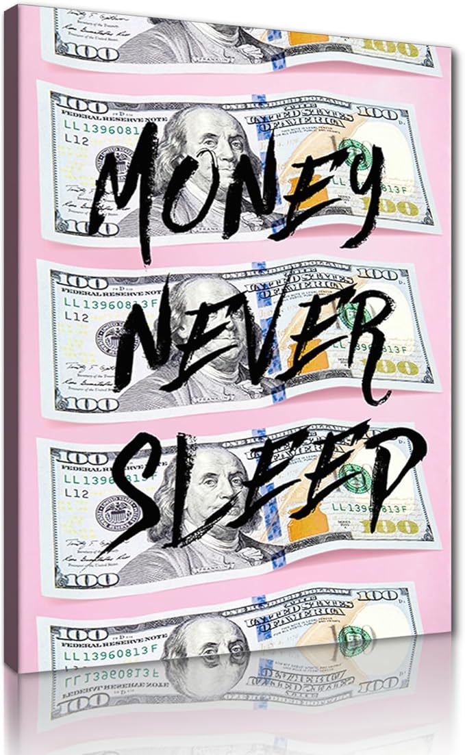 Pink Inspirational Wall Art for Office - 100 Dollar Bill Canvas Pating Money Never Sleep Quote Wall Decor Motivational Poster for Living Room Bedroom Home Decoration, Framed 18"x24"