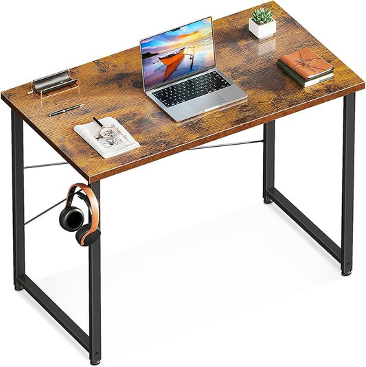 Casaottima 32 Inch Small Computer Desk for Home Office, Study Writing Table for Small Spaces, Simple Modern Desk with Headphone Hooks, Rustic Brown