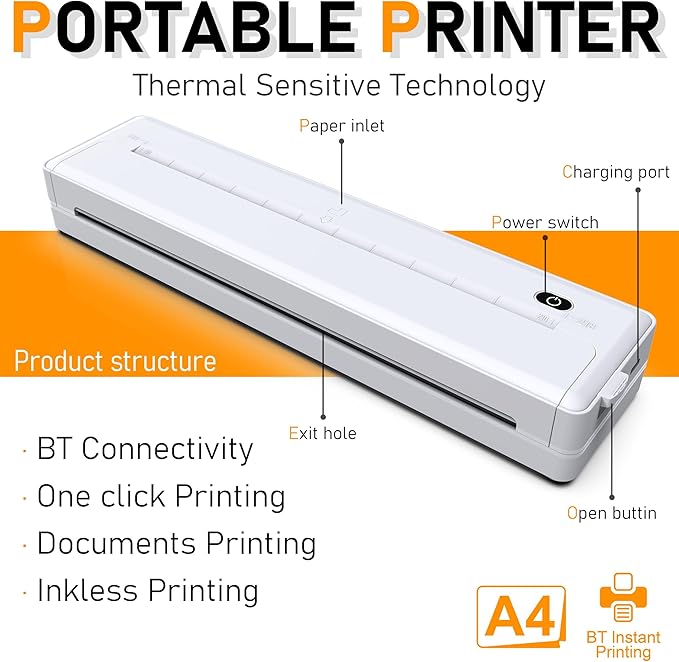 Fostex Wireless Portable Printer,Portable Wireless Printer 8.5" X 11" US Letter, Thermal Bluetooth Printer Support, Portable Wireless Printer for Android & Laptop,Office,Home,School