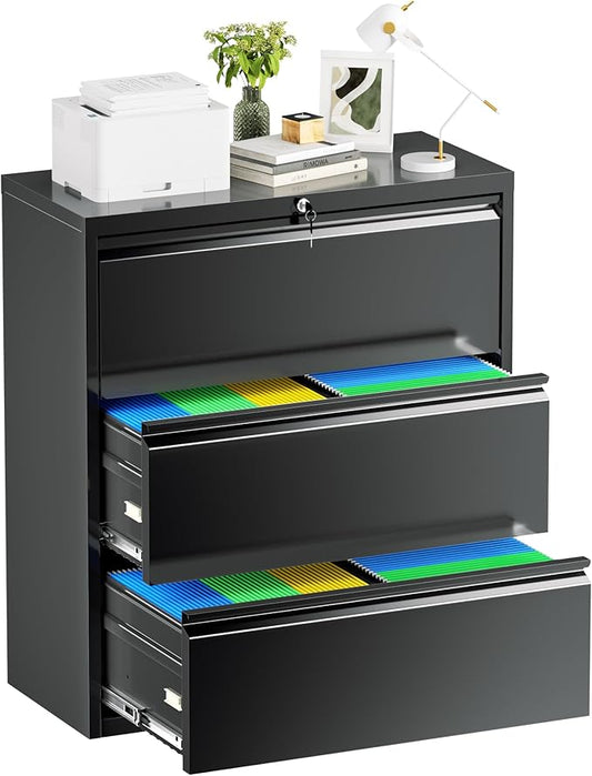 Oakcloud 3 Drawer File Cabinet for Home Office, Filing Cabinet with Lock, Metal Vertical File Storage Cabinet for A4/F4/Letter/Legal Size, Easy Assemble (28“-Black)