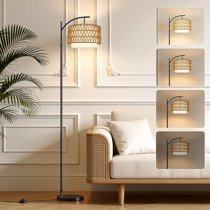 Floor Lamps for Living Room Rattan Boho Floor Lamp with Shade, Boho Standing Lamp with Rattan & Fabric Shades, Adjustable Tall Lamp for Living Room Bedroom