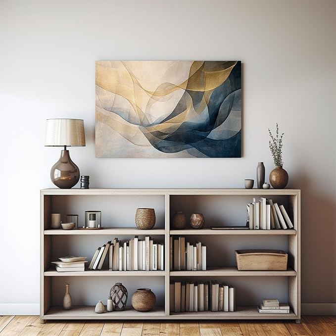 gaosoul Blue Gold Abstract Canvas Wall Art Original Oil Painting Giclee Print of Dynamic Curves Light Blue Champagne Tones with Textured Brushstrokes for Home Office Decor Framed 24x16in