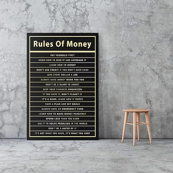 Rules Of Money Motivational Wall Art Canvas Print Office Decor Financial Poster Entrepreneur Millionaire Inspirational Quote Framed Easy to Hang-24 inch x 36 inch